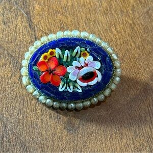 Vintage micro mosaic brooch floral motif gold tone metal bouquet flowers.